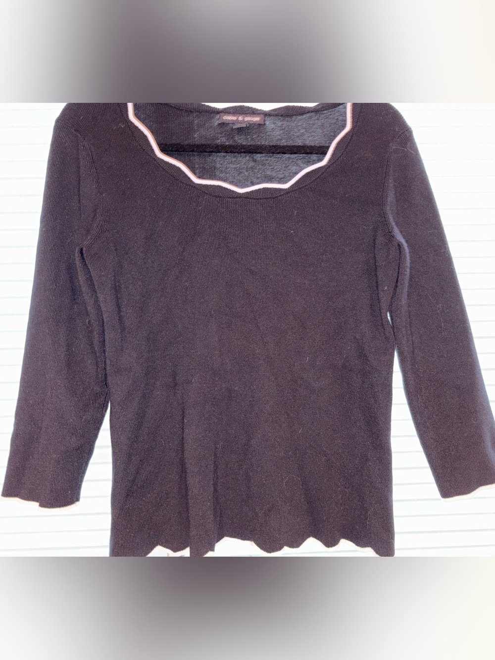 Cable & Gauge Black Sweater with White Scallop Trim